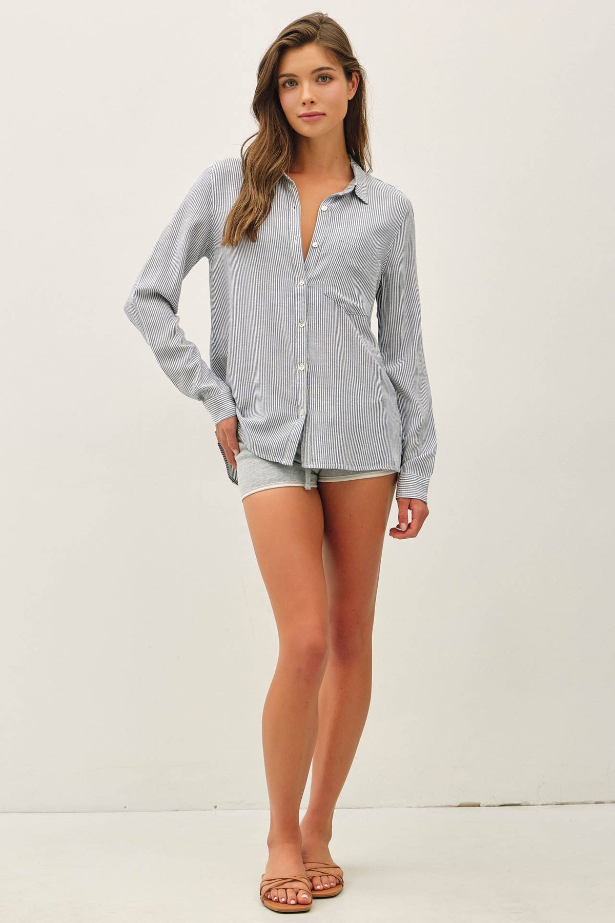 LINEN BLENDED STRIPE BOXY SHIRT-MOCHA