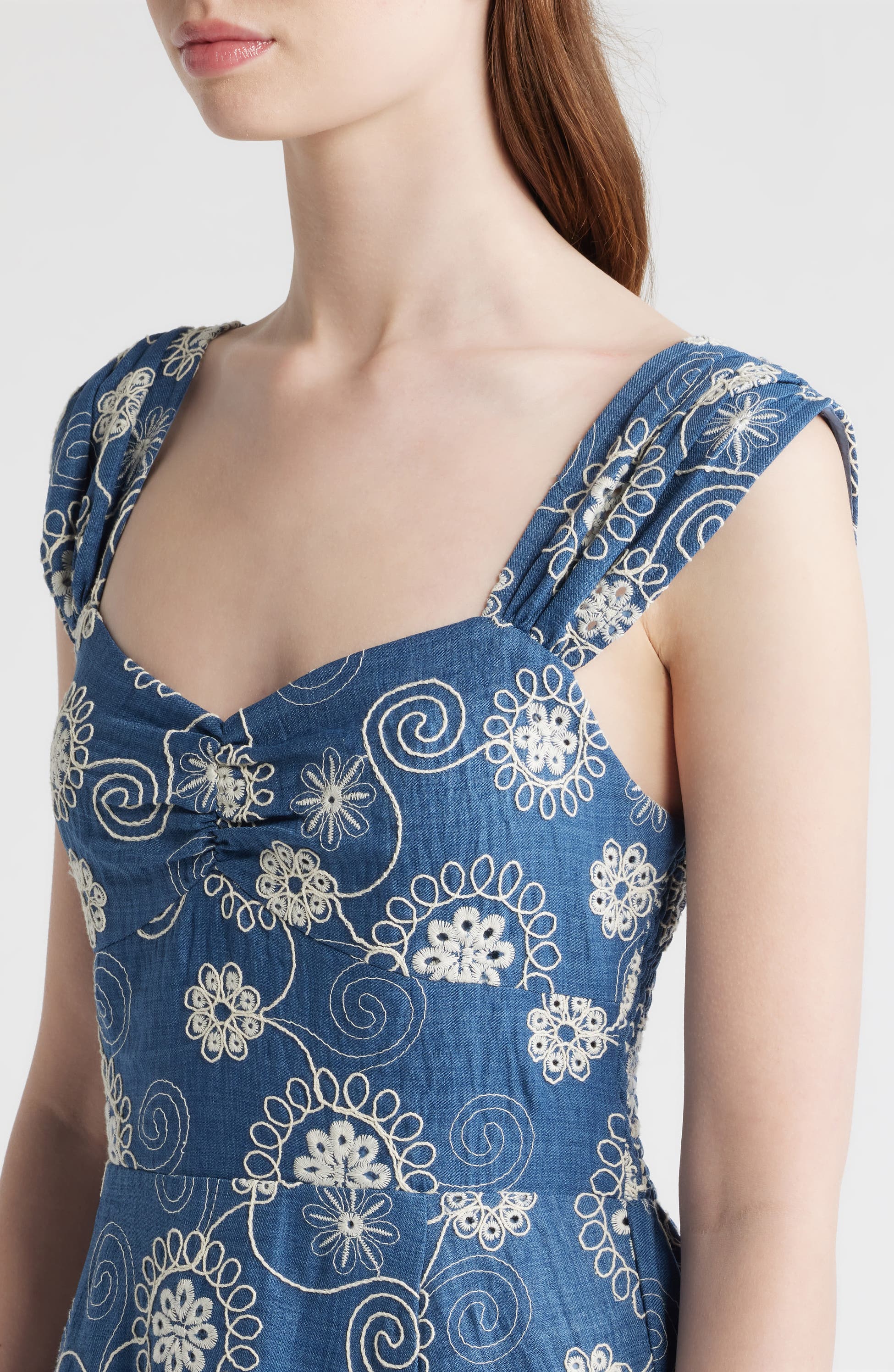 Embroidered Cap Sleeve Chambray Midi Dress