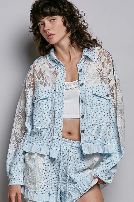 Blue Floral Lace Patchwork Jacket Top