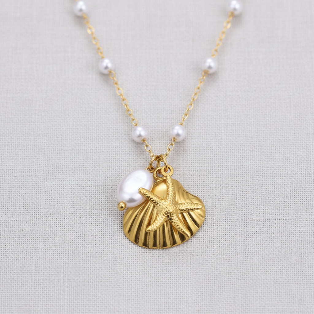 Ocean Shell Stainless Steel Necklace with Starfish Pendant