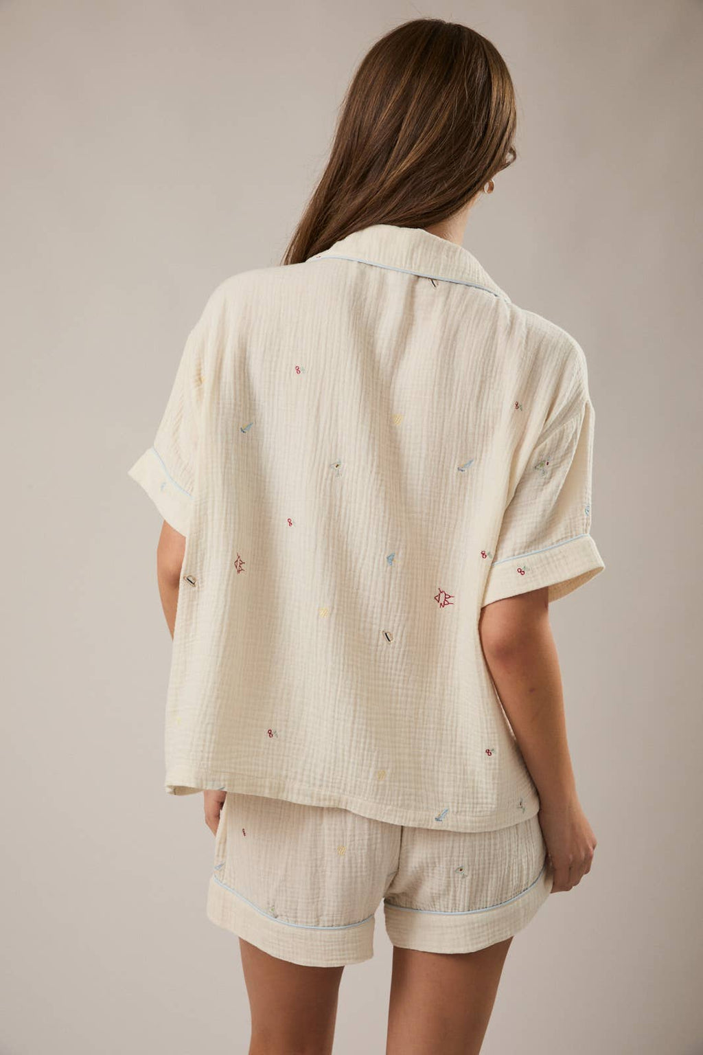 EMBROIDERED DETAIL SHORT SLEEVE PAJAMA TOP