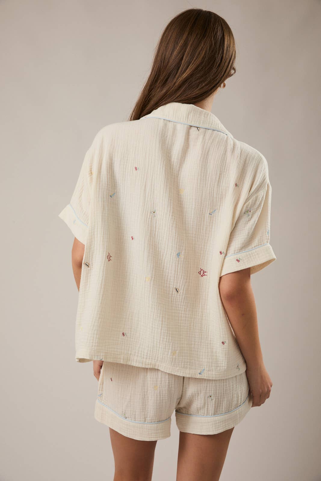 EMBROIDERED DETAIL SHORT SLEEVE PAJAMA TOP