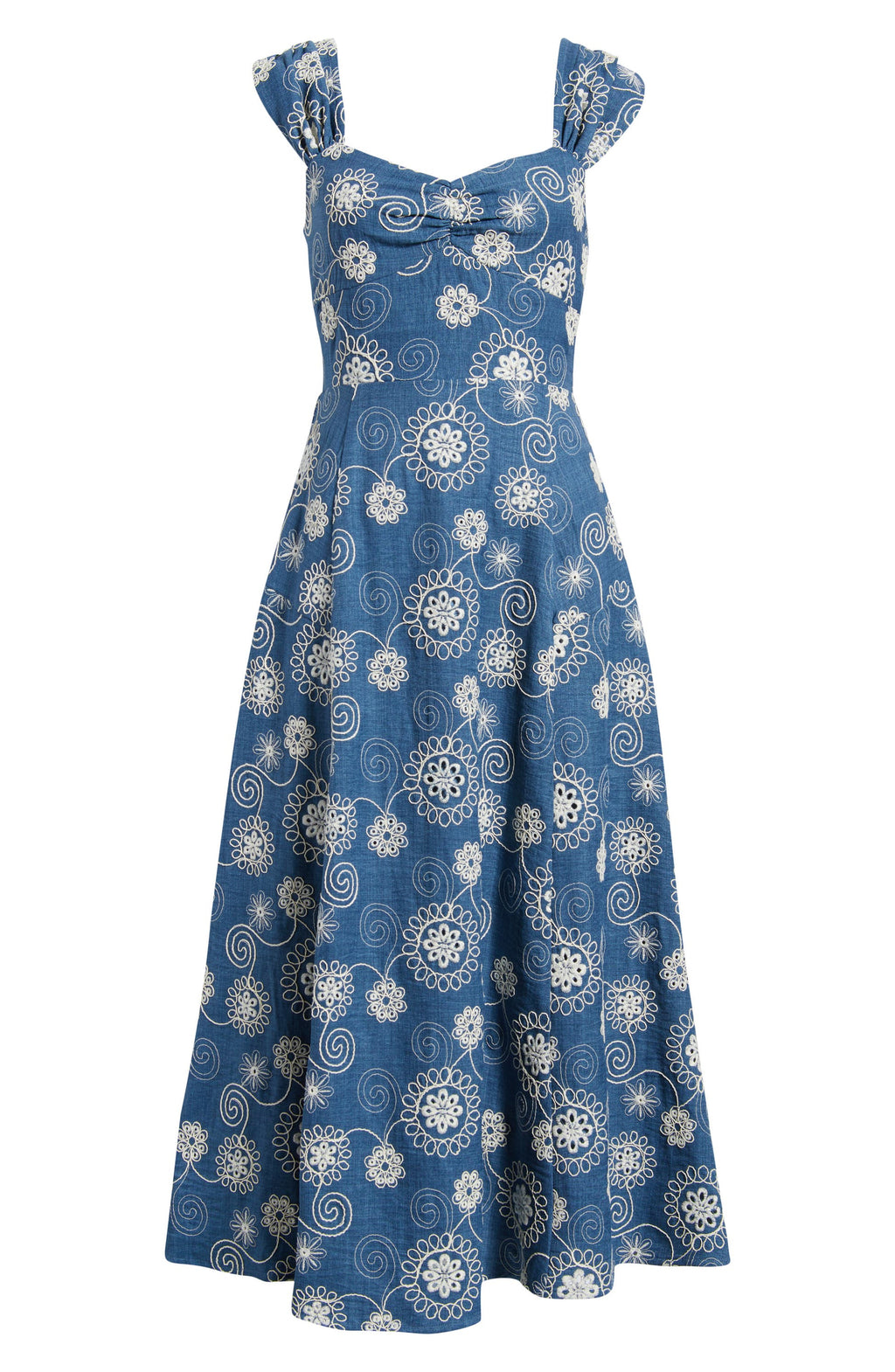 Embroidered Cap Sleeve Chambray Midi Dress