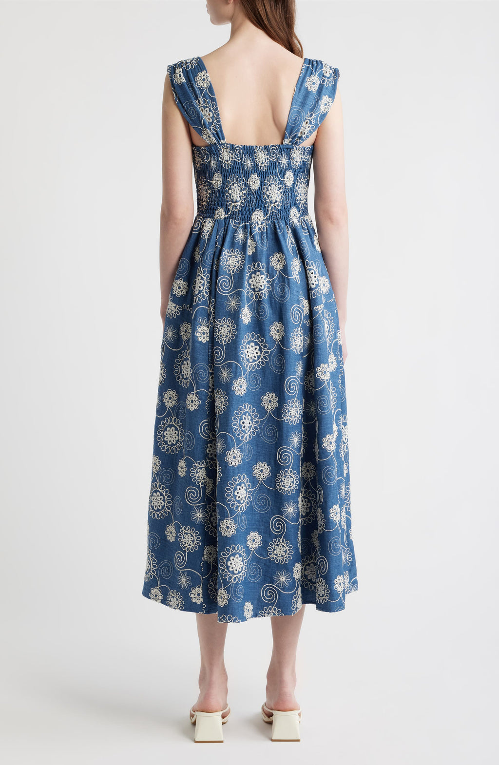 Embroidered Cap Sleeve Chambray Midi Dress