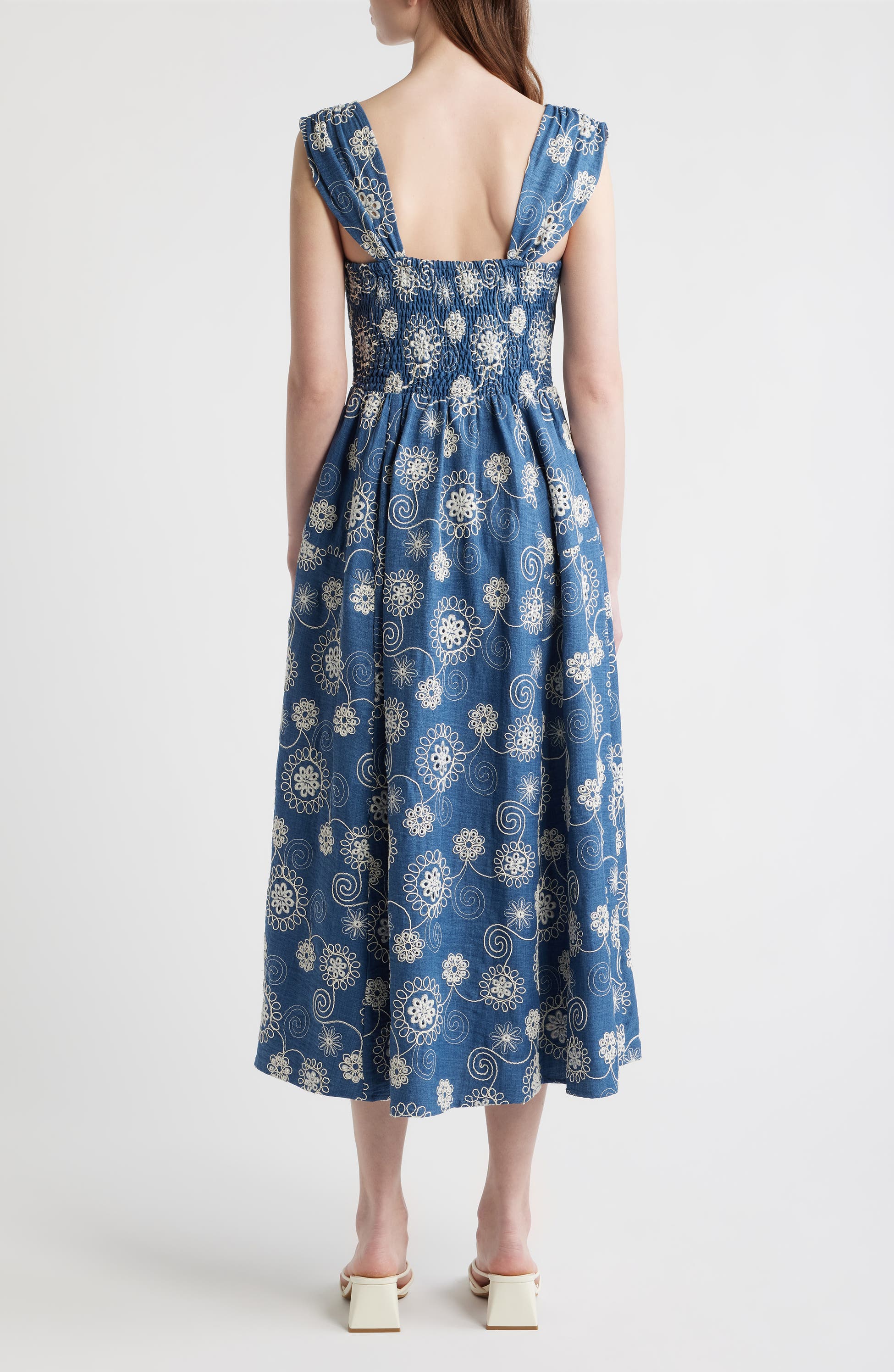 Embroidered Cap Sleeve Chambray Midi Dress