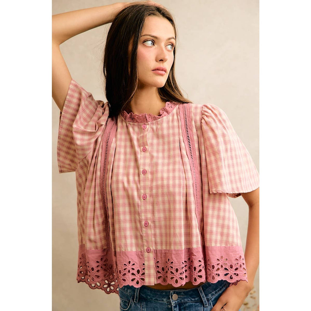 COTTON CHECK LACE TRIM FLUTTER SLEEVES BLOUSE TOP
