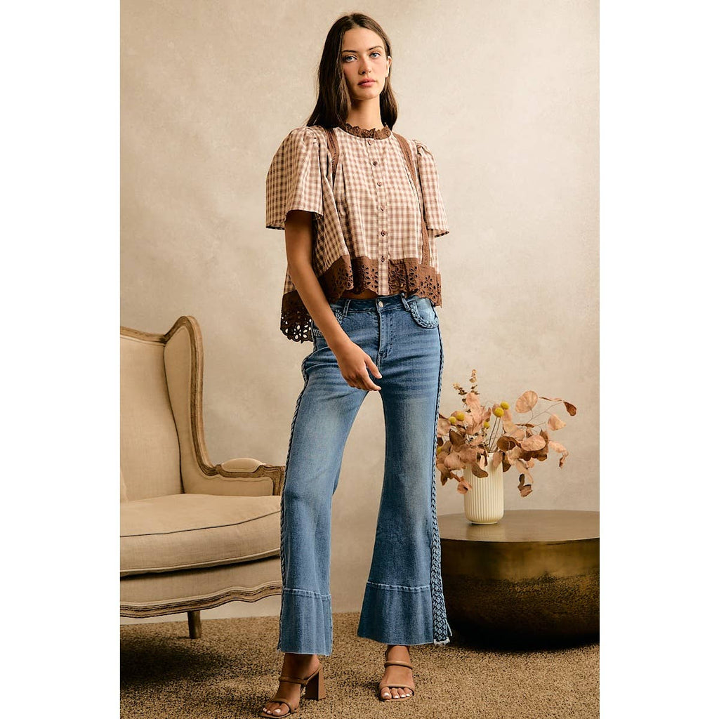COTTON CHECK LACE TRIM FLUTTER SLEEVES BLOUSE TOP