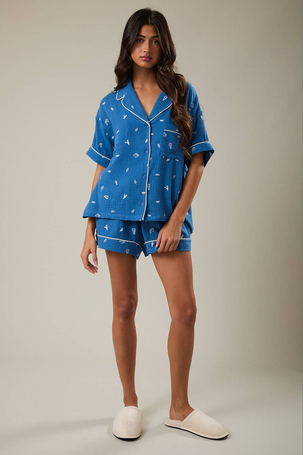 EMBROIDERED DETAIL SHORT SLEEVE PAJAMA TOP