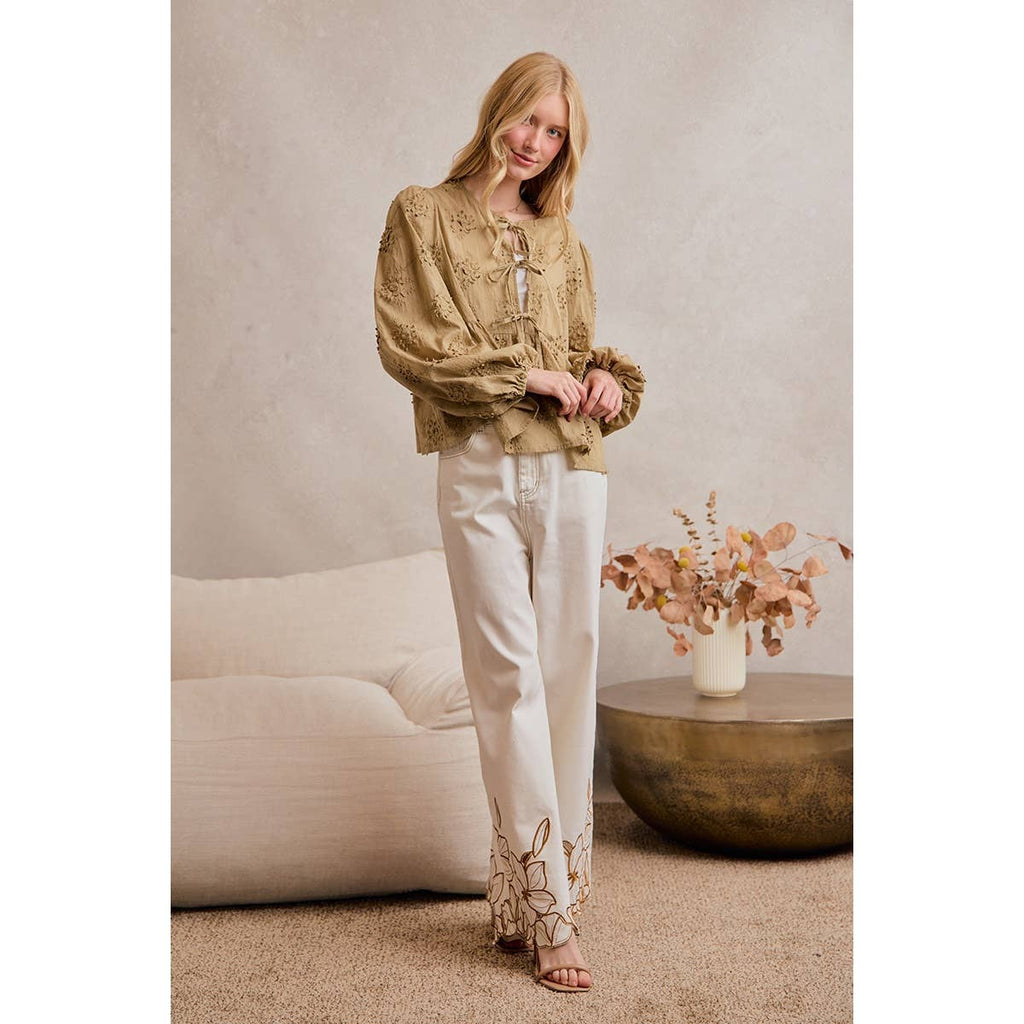 FLORAL EMBROIDERY SCALLOP HEM DETAIL WIDE PANTS