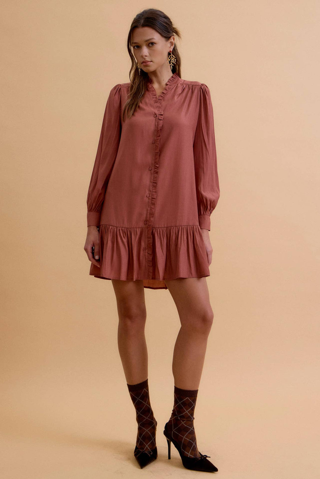 RUFFLED MINI SHIRT DRESS