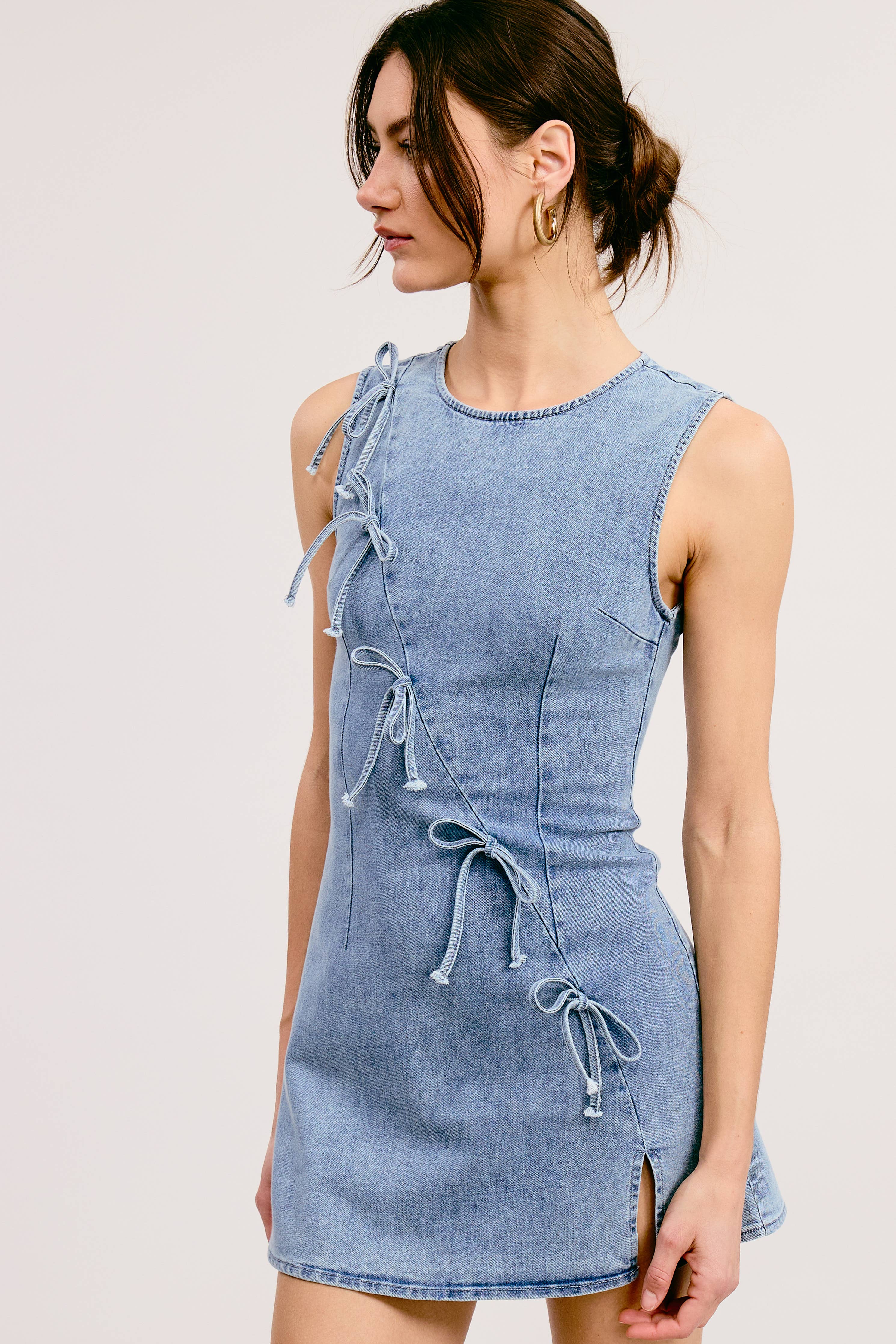 Diagonal Ribbon Bow Trim Denim Side Slit Mini Dress