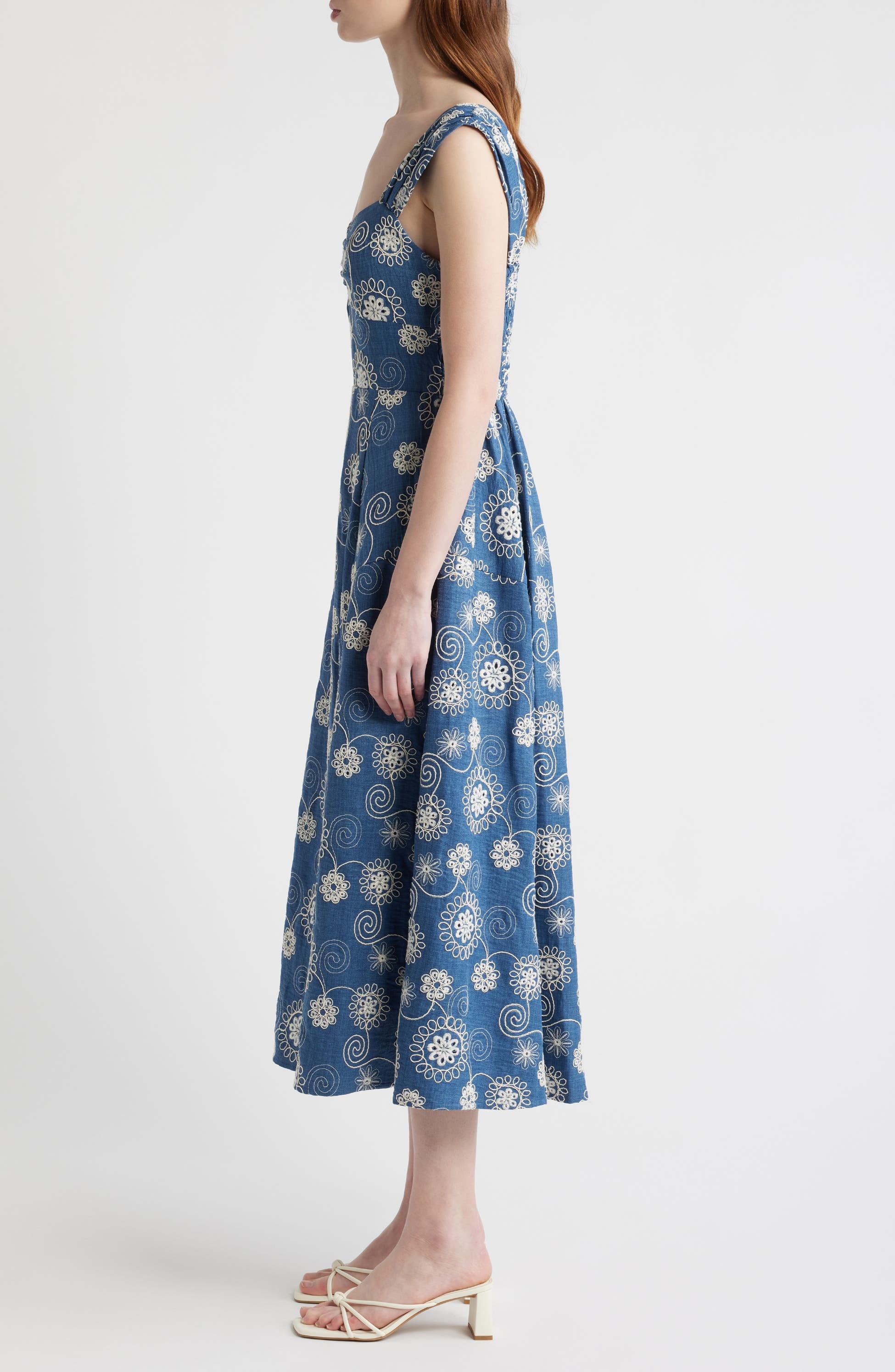 Embroidered Cap Sleeve Chambray Midi Dress