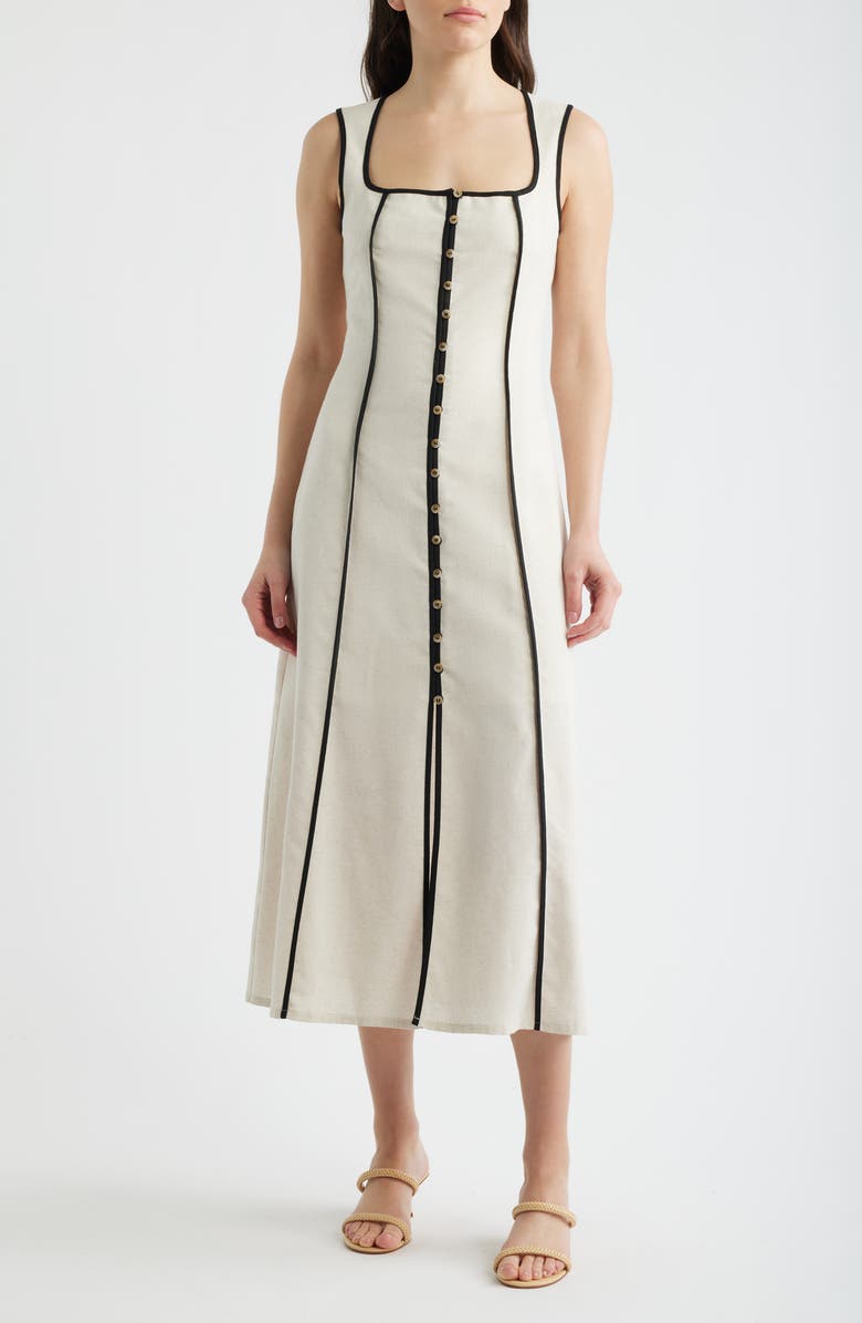 Contrast Piping Square Neck Button-Up Midi Dress