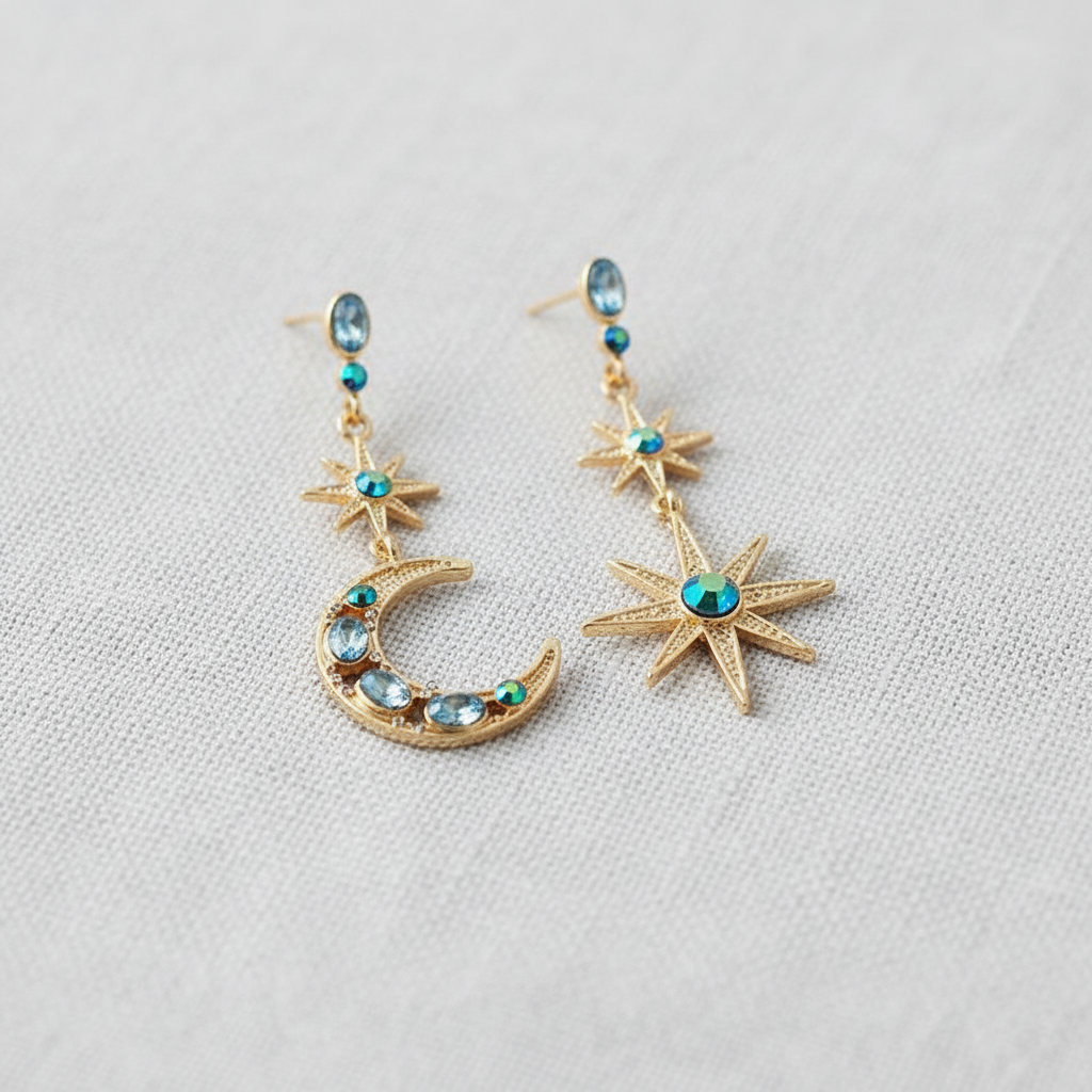 Blue Crystal Star and Moon Drop Earrings