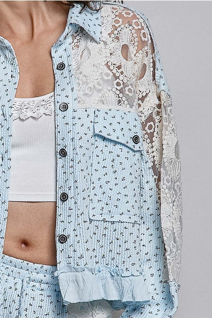 Blue Floral Lace Patchwork Jacket Top