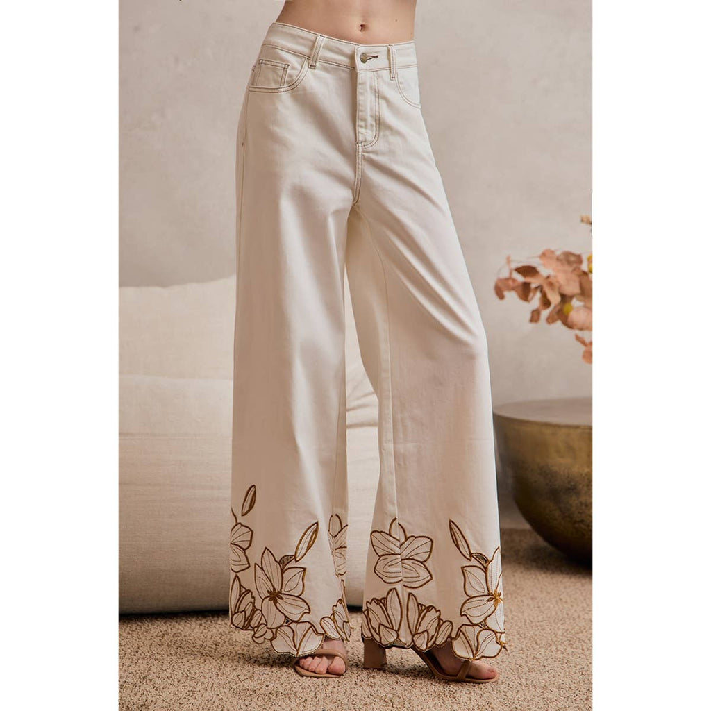 FLORAL EMBROIDERY SCALLOP HEM DETAIL WIDE PANTS