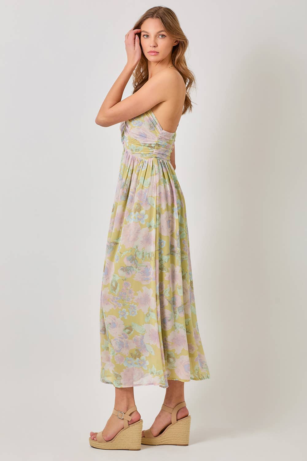 Floral Cross Back Pleating Dress