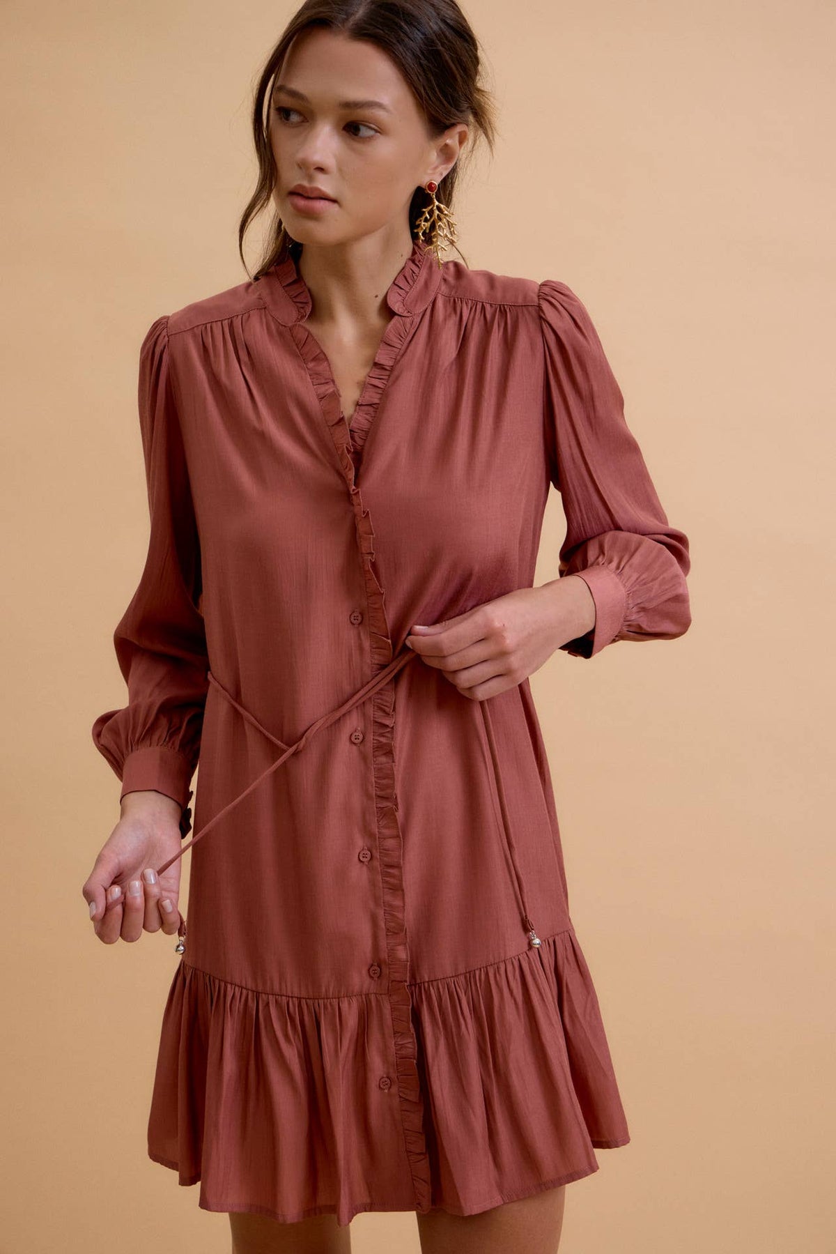 RUFFLED MINI SHIRT DRESS