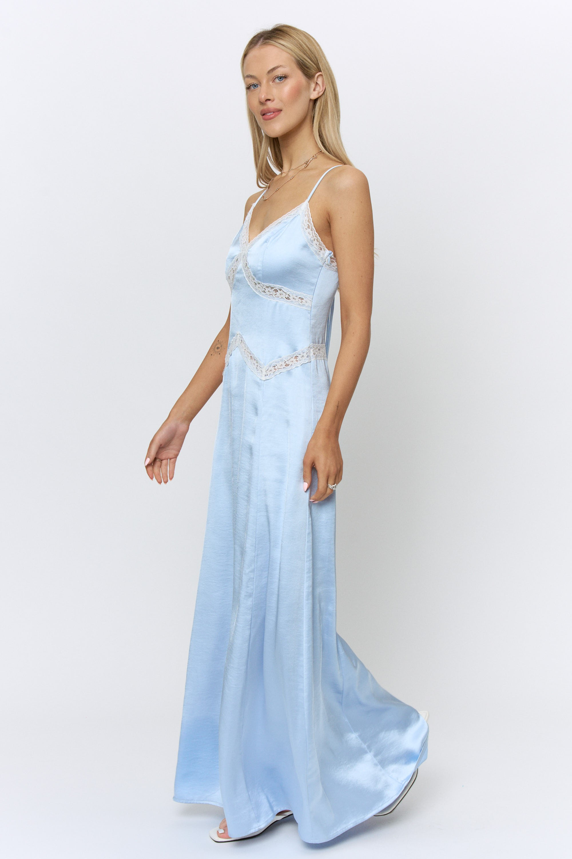 Lace Trim Satin Maxi Dress