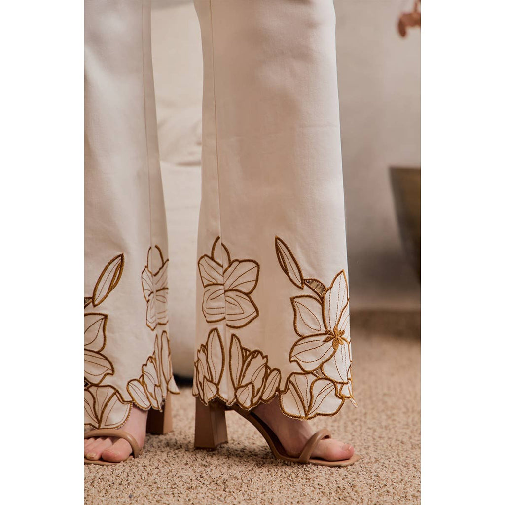 FLORAL EMBROIDERY SCALLOP HEM DETAIL WIDE PANTS