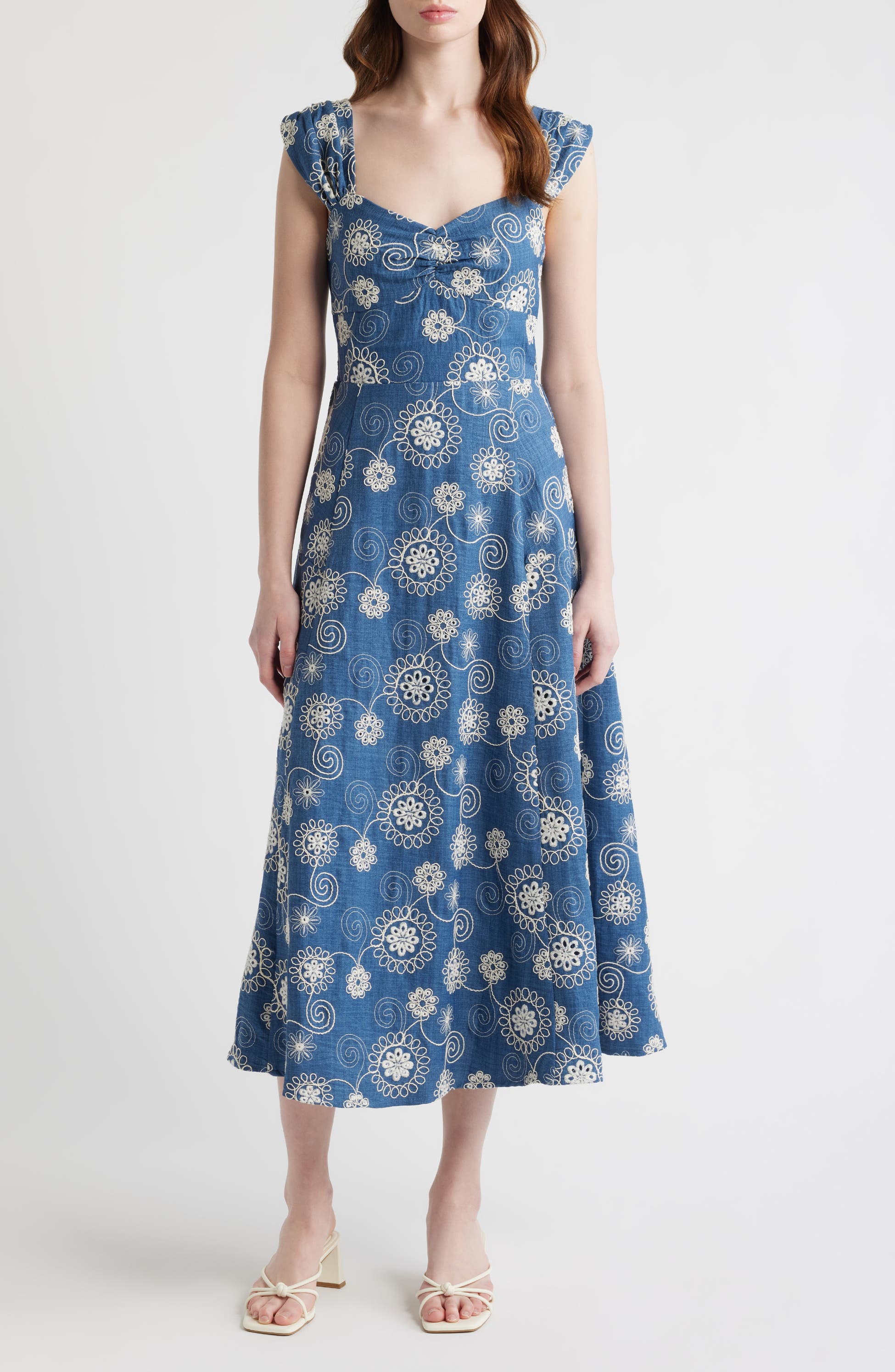 Embroidered Cap Sleeve Chambray Midi Dress