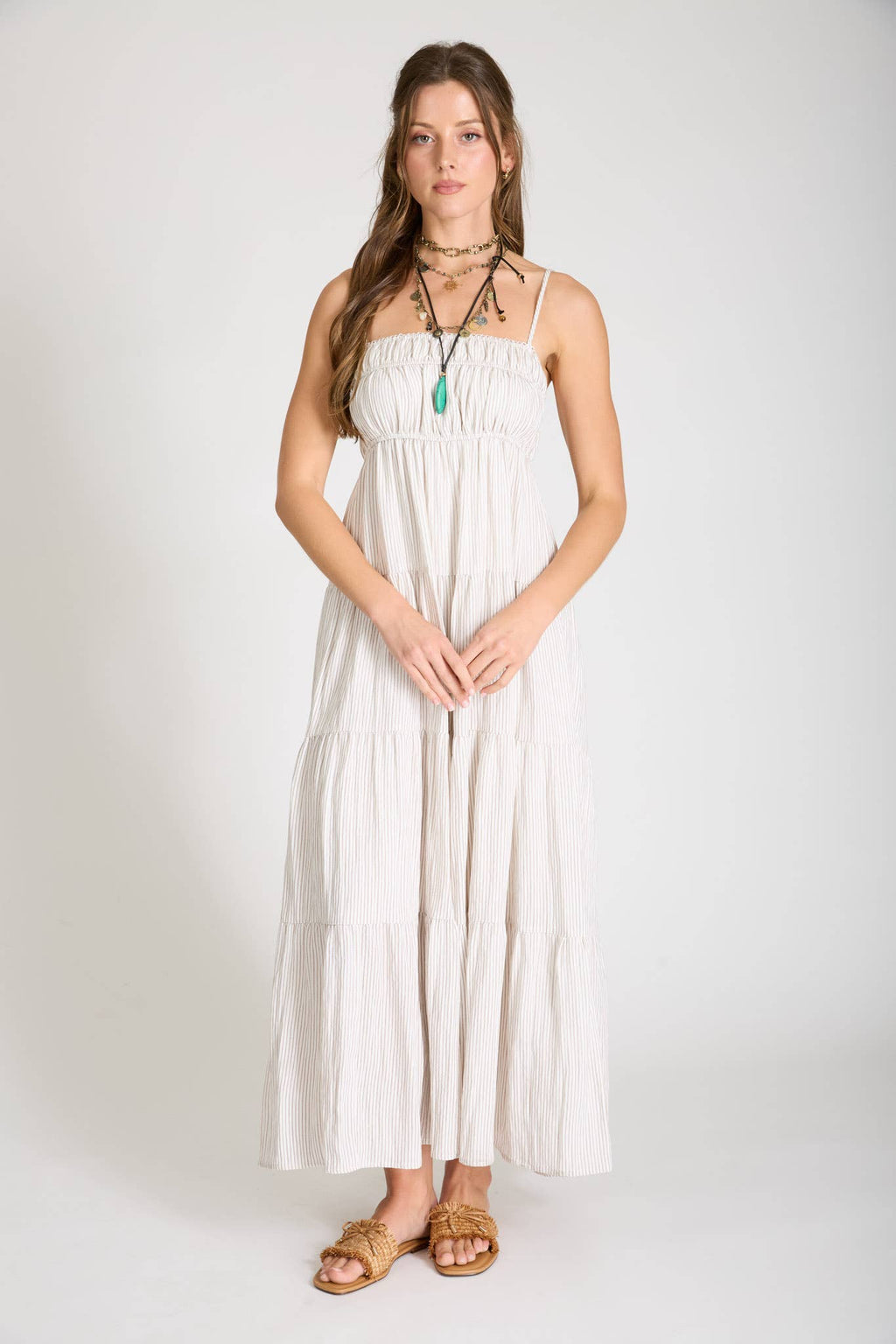 STRIPE SHIRRED EMPIRE WAIST TIERED MIDI DRESS