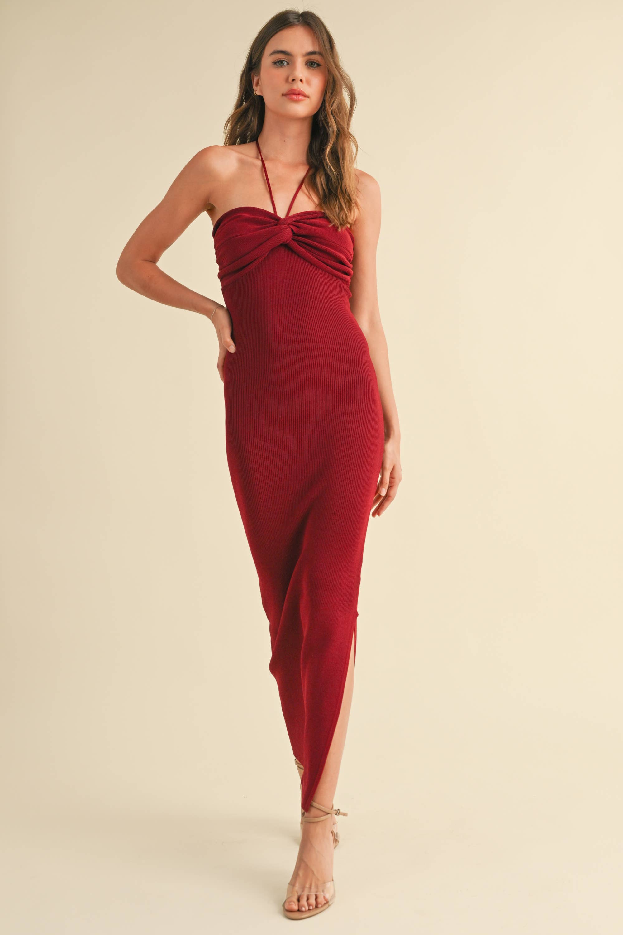 RUCHED DETAIL HALTER NECK KNIT LONG SLIT DRESS