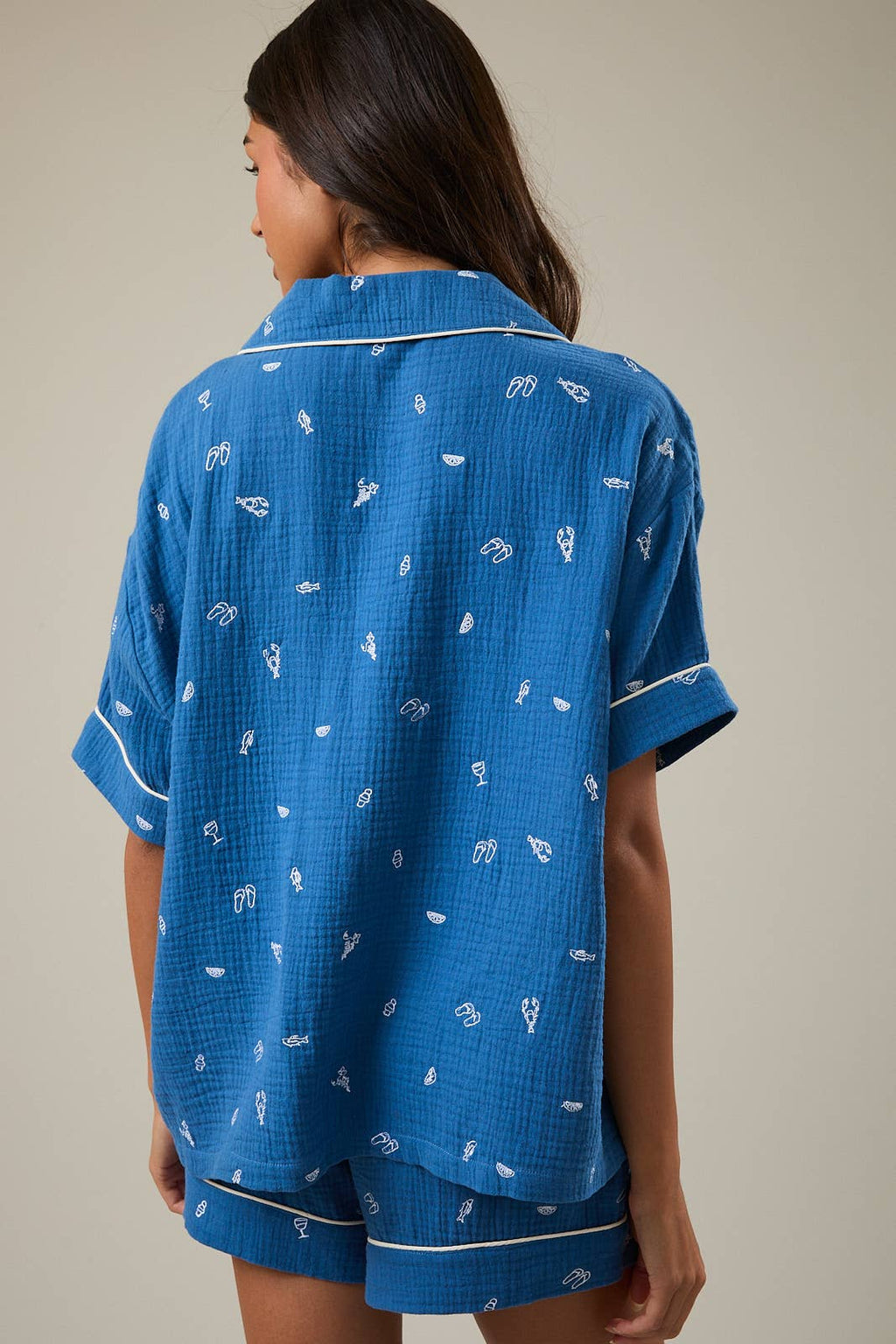 EMBROIDERED DETAIL SHORT SLEEVE PAJAMA TOP