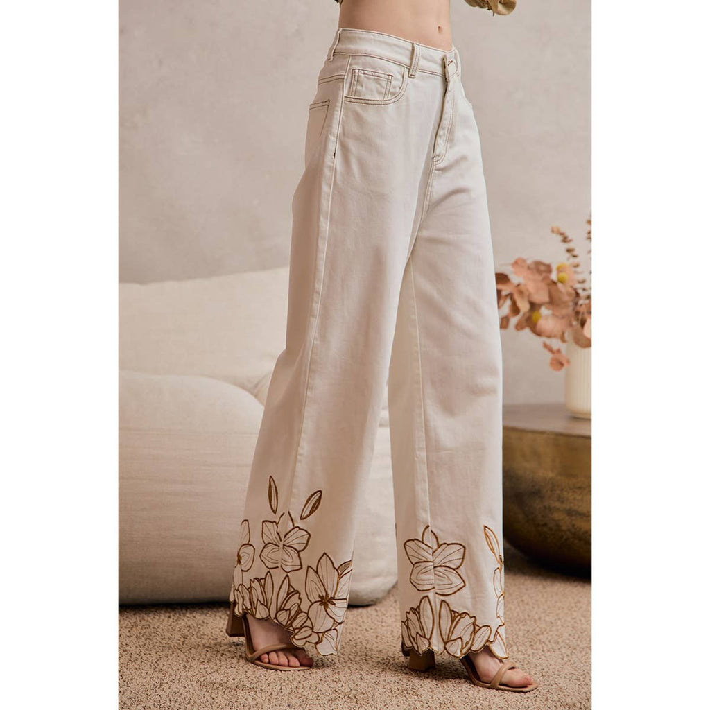 FLORAL EMBROIDERY SCALLOP HEM DETAIL WIDE PANTS