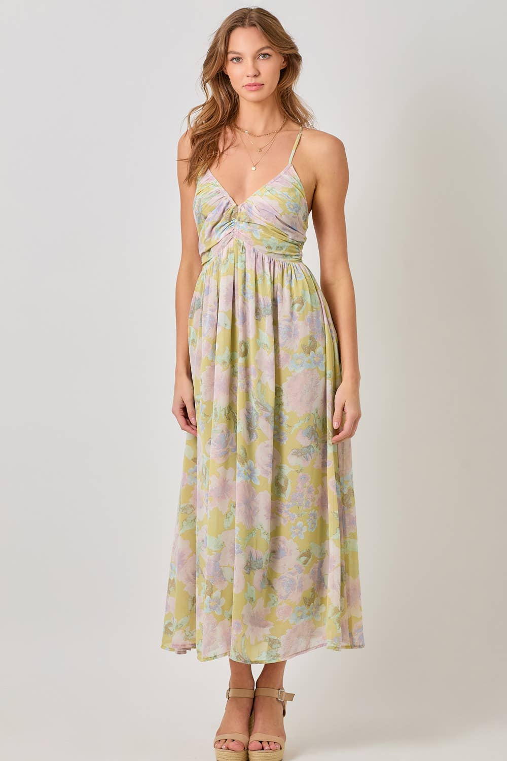 Floral Cross Back Pleating Dress