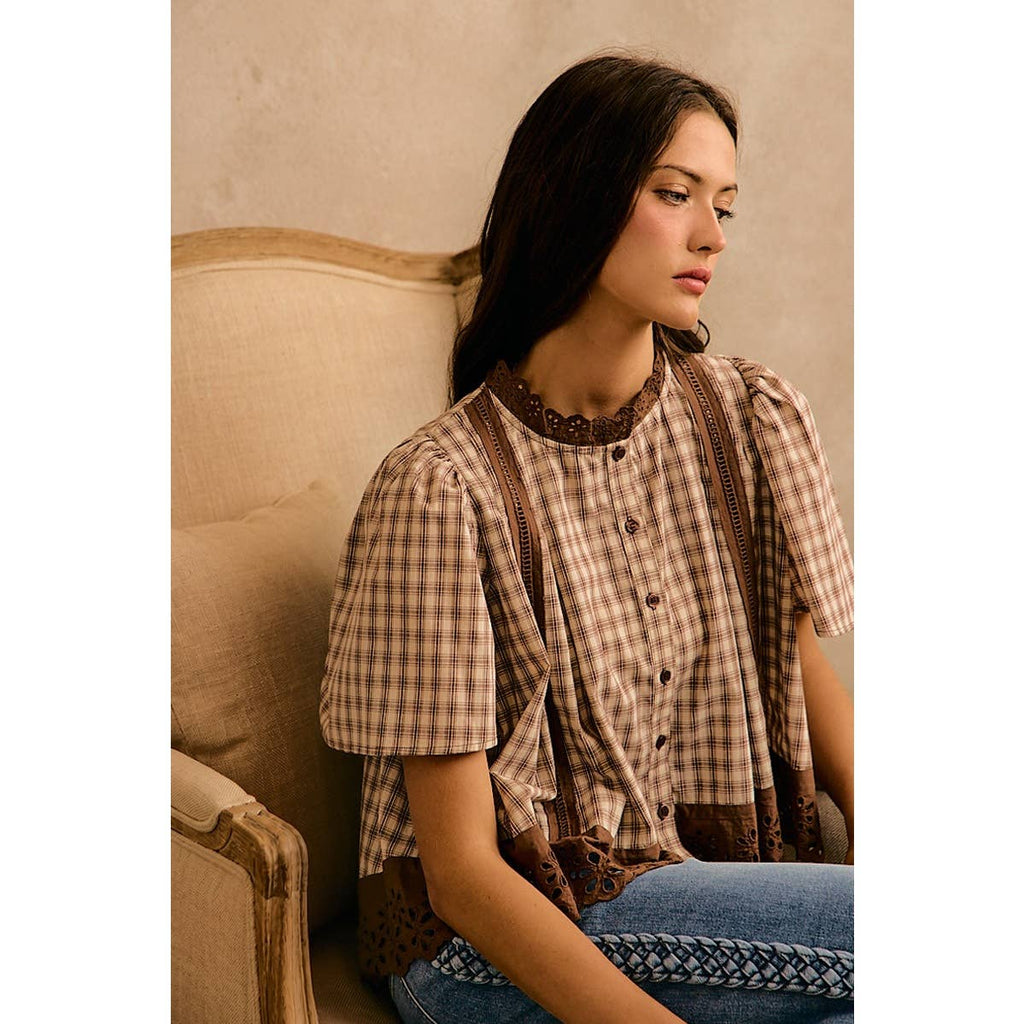 COTTON CHECK LACE TRIM FLUTTER SLEEVES BLOUSE TOP