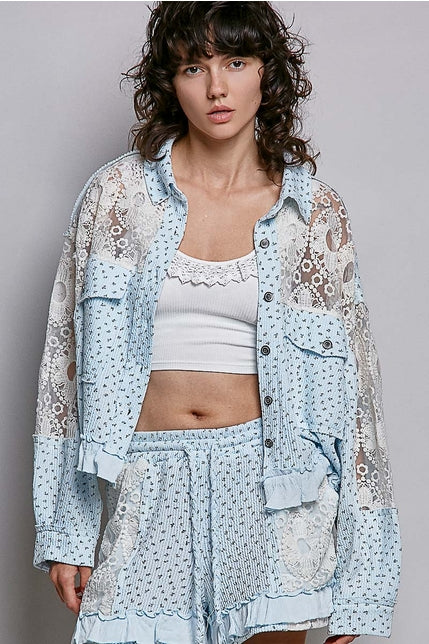 Blue Floral Lace Patchwork Jacket Top