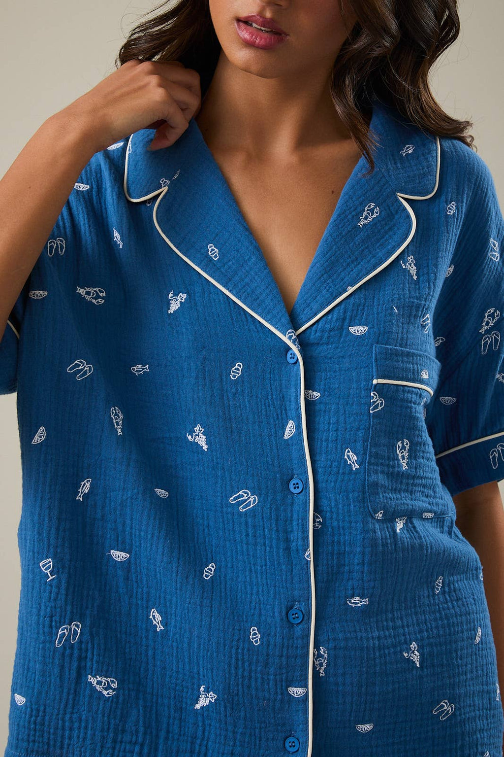EMBROIDERED DETAIL SHORT SLEEVE PAJAMA TOP