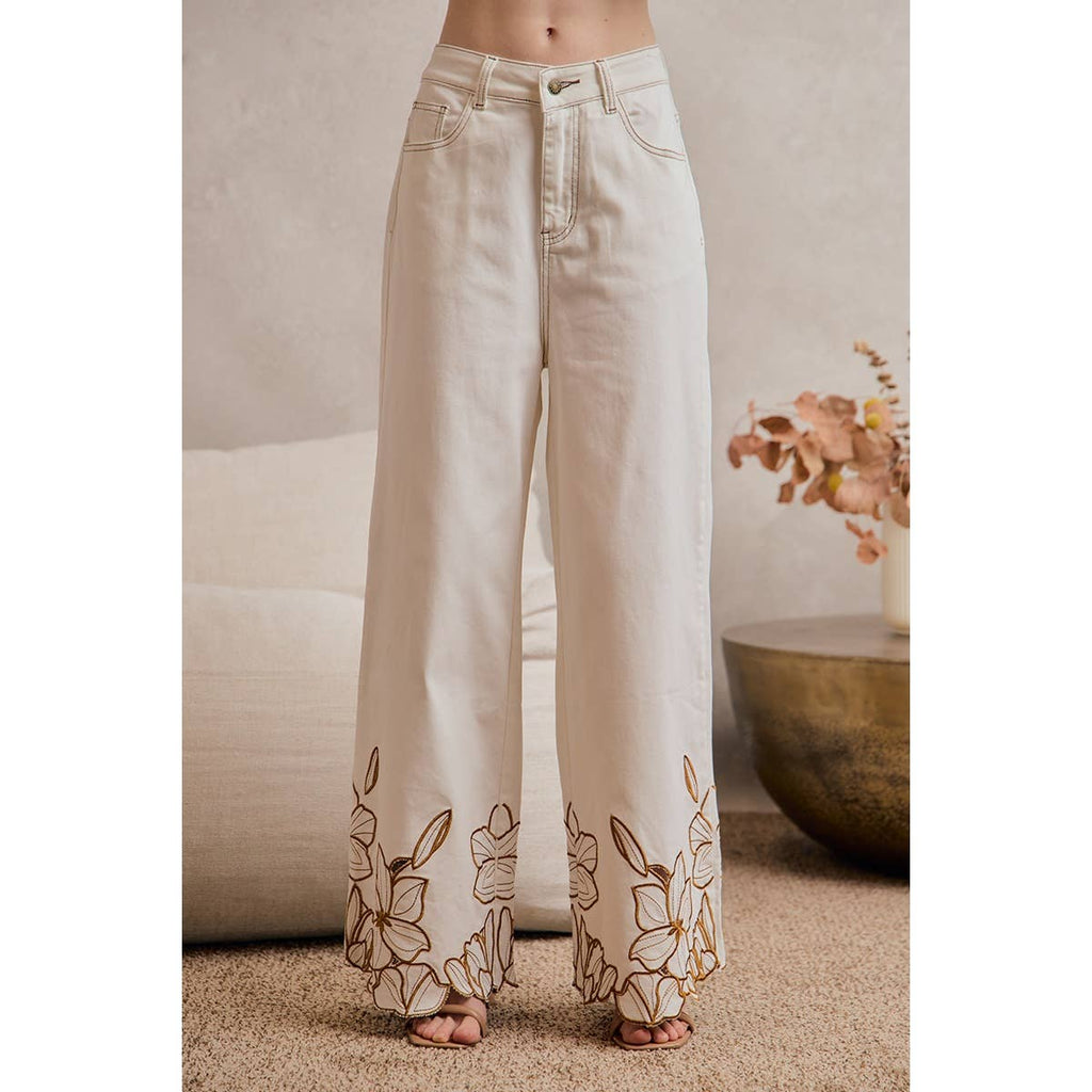 FLORAL EMBROIDERY SCALLOP HEM DETAIL WIDE PANTS