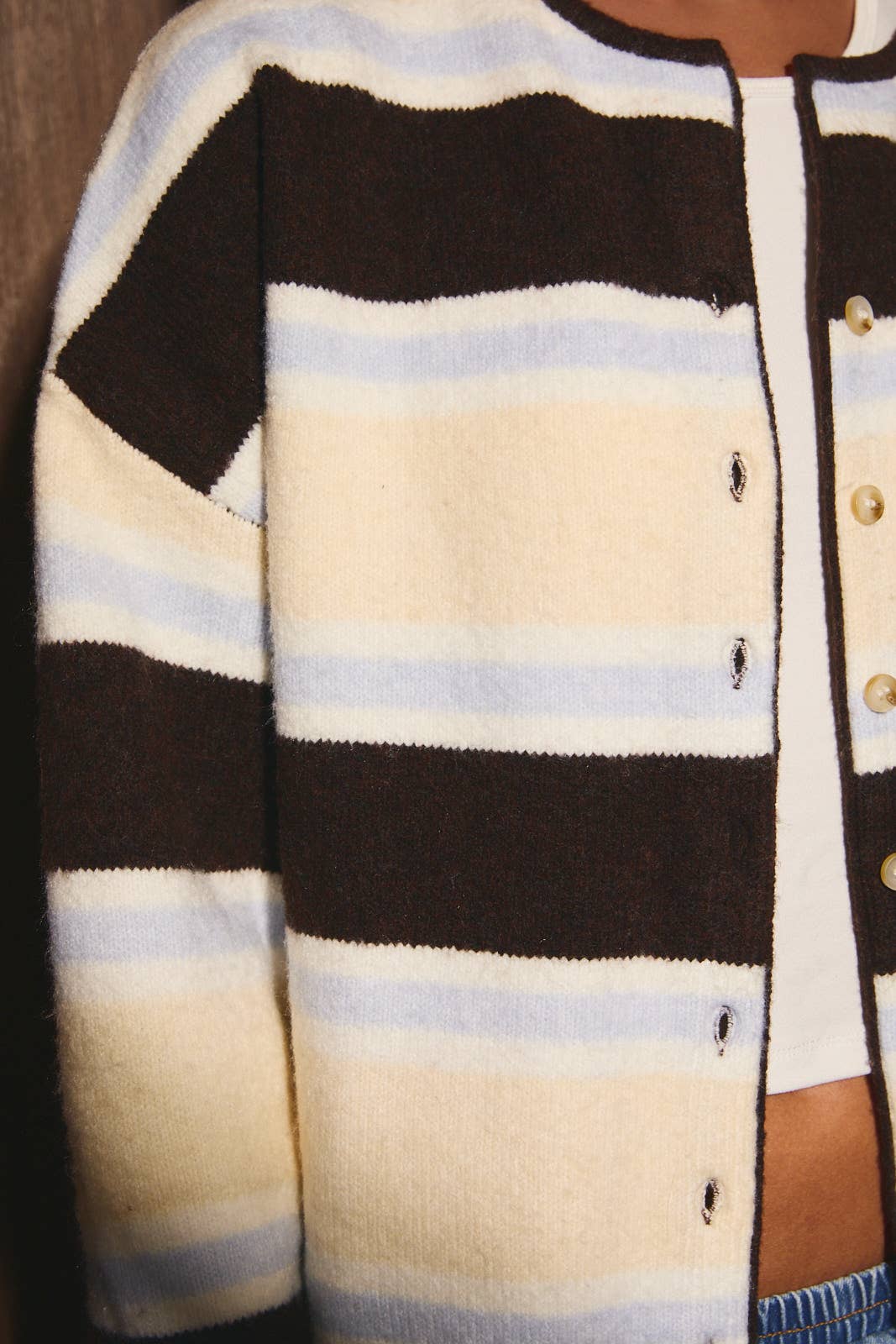 LONG SLEEVE ROUND NECK STRIPED SOFT CARDIGAN