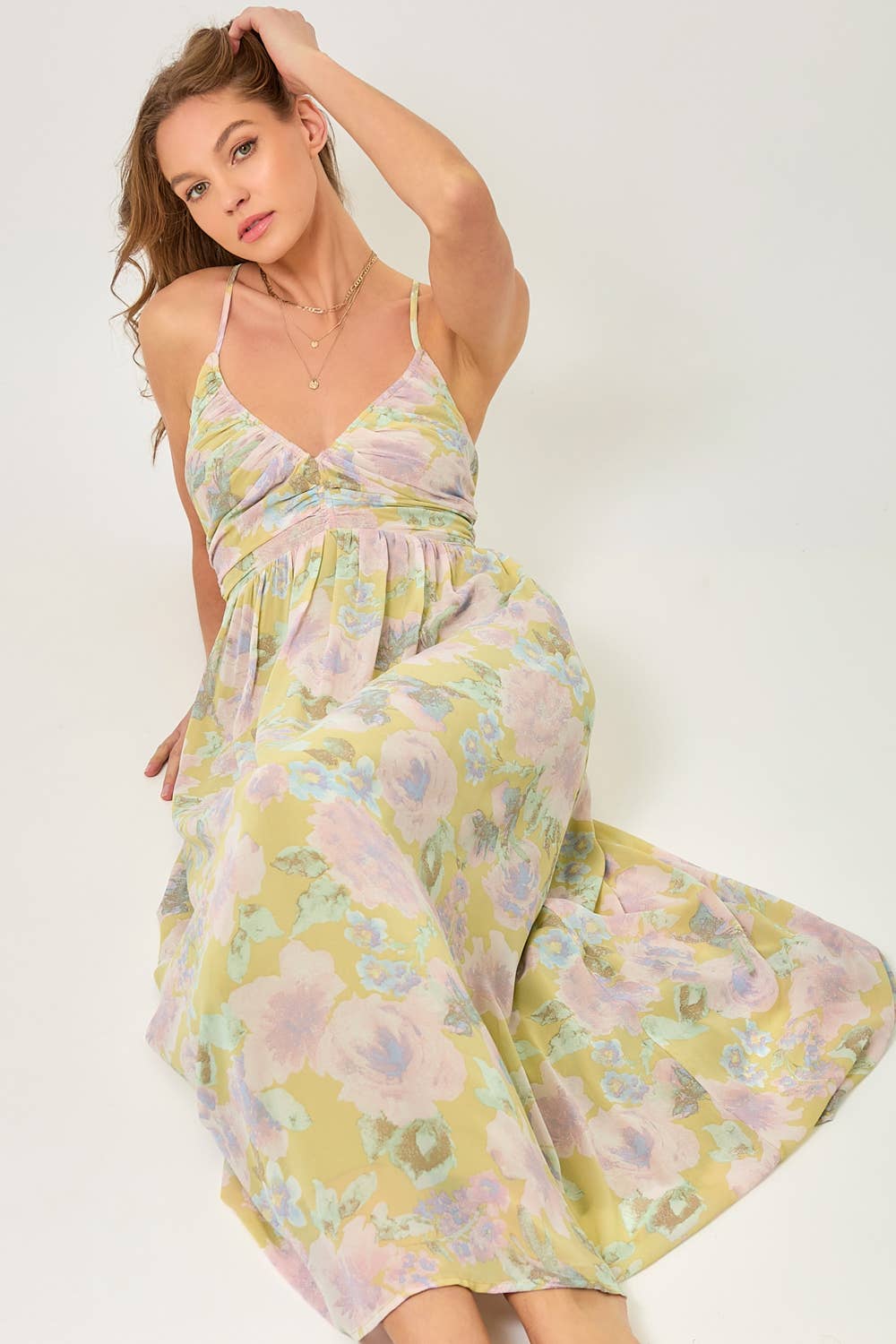 Floral Cross Back Pleating Dress