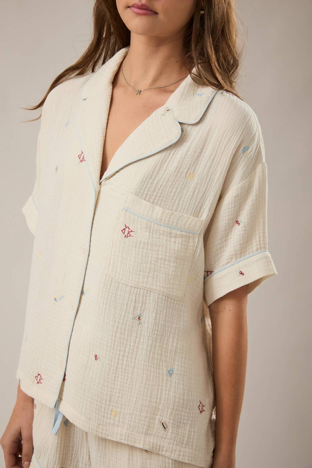 EMBROIDERED DETAIL SHORT SLEEVE PAJAMA TOP