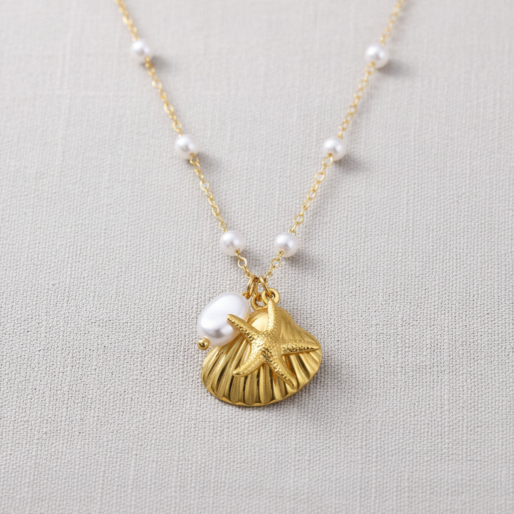 Ocean Shell Stainless Steel Necklace with Starfish Pendant