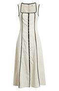 Contrast Piping Square Neck Button-Up Midi Dress