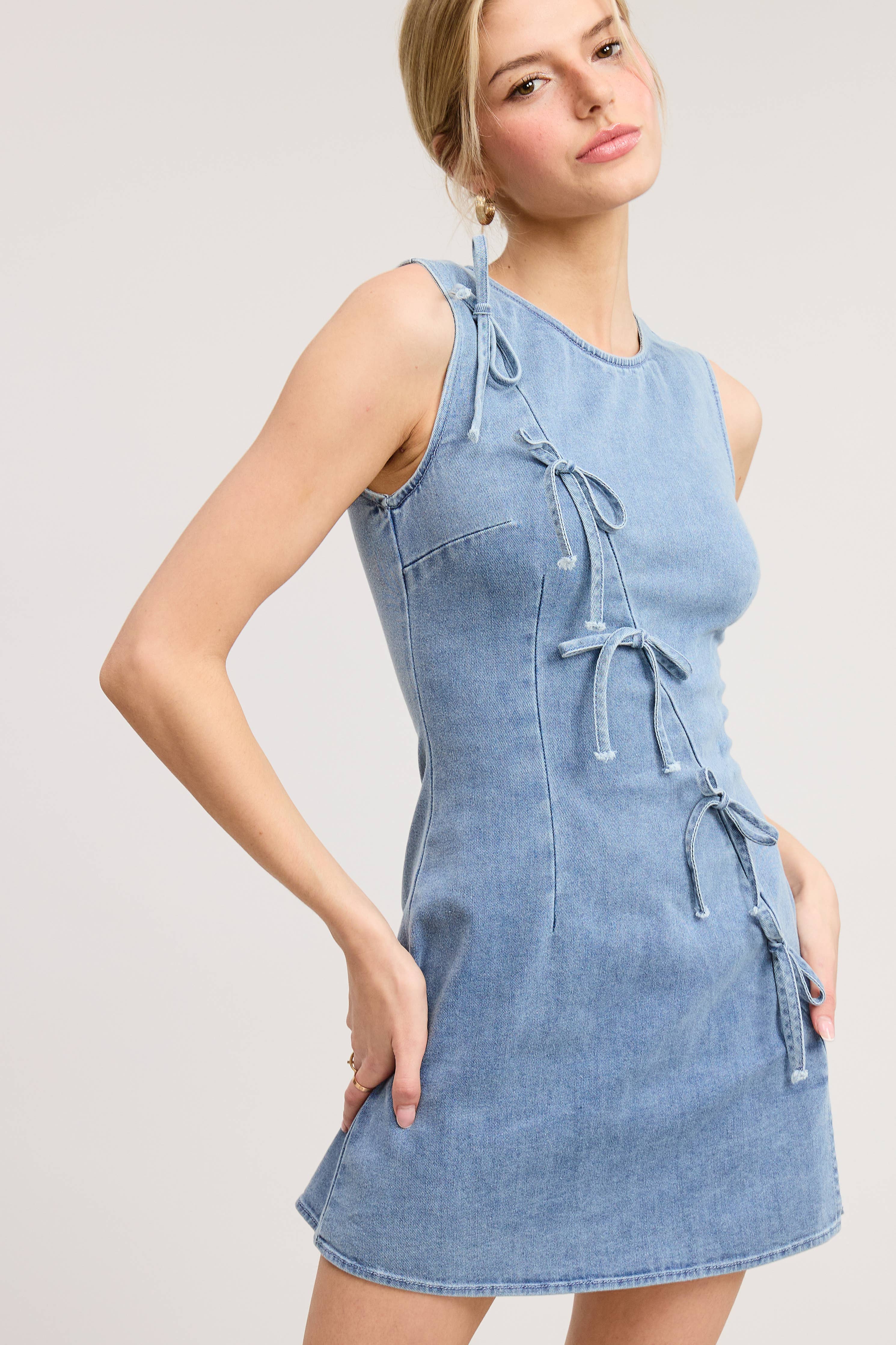 Diagonal Ribbon Bow Trim Denim Side Slit Mini Dress