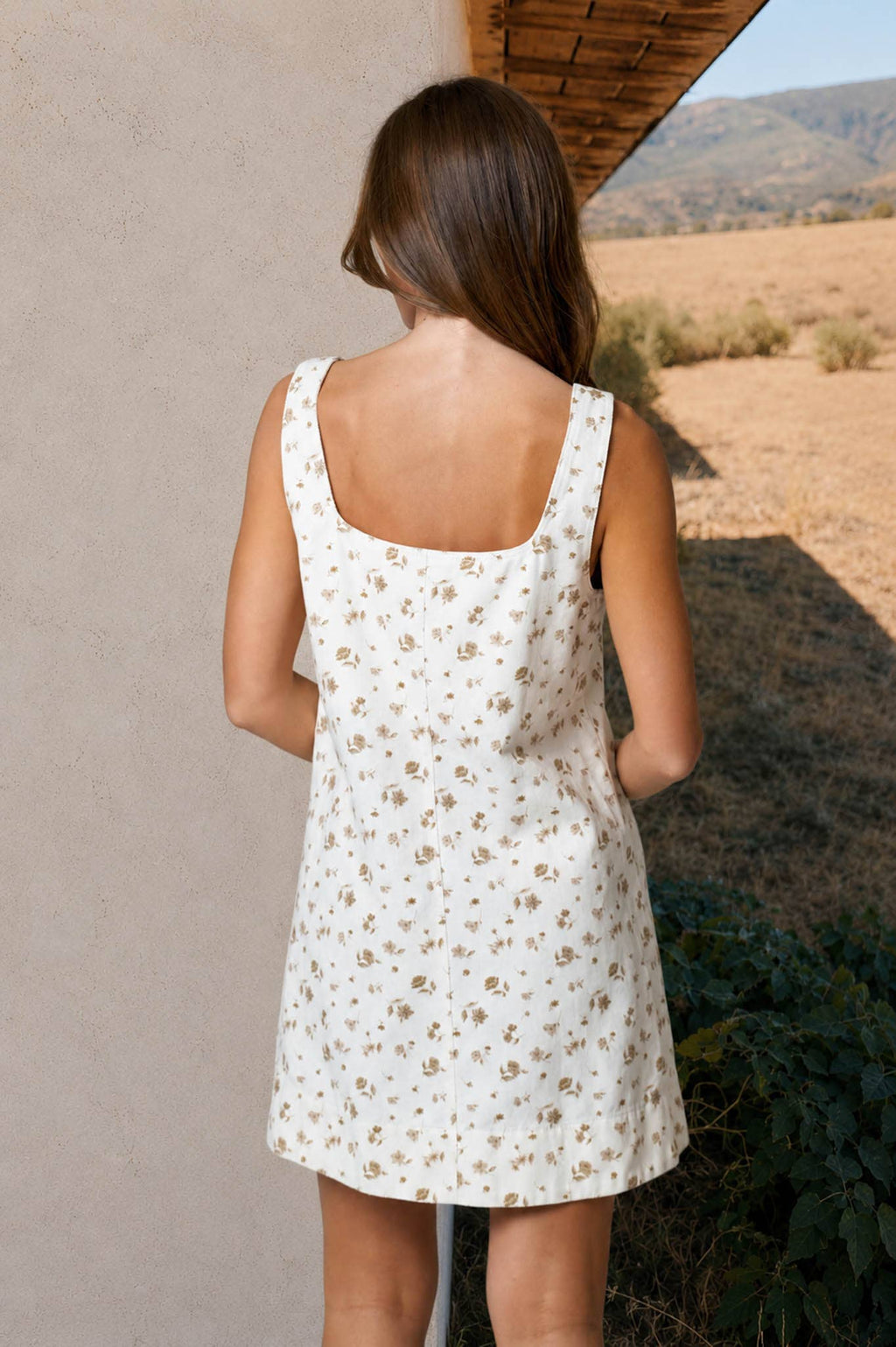 FLORAL FRONT SEAM SLEEVELESS DENIM MINI DRESS