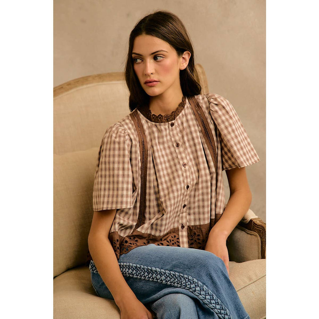 COTTON CHECK LACE TRIM FLUTTER SLEEVES BLOUSE TOP