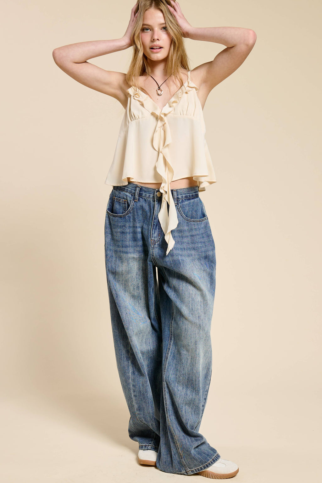 Silky Ruffle V Neck Cropped Camisole