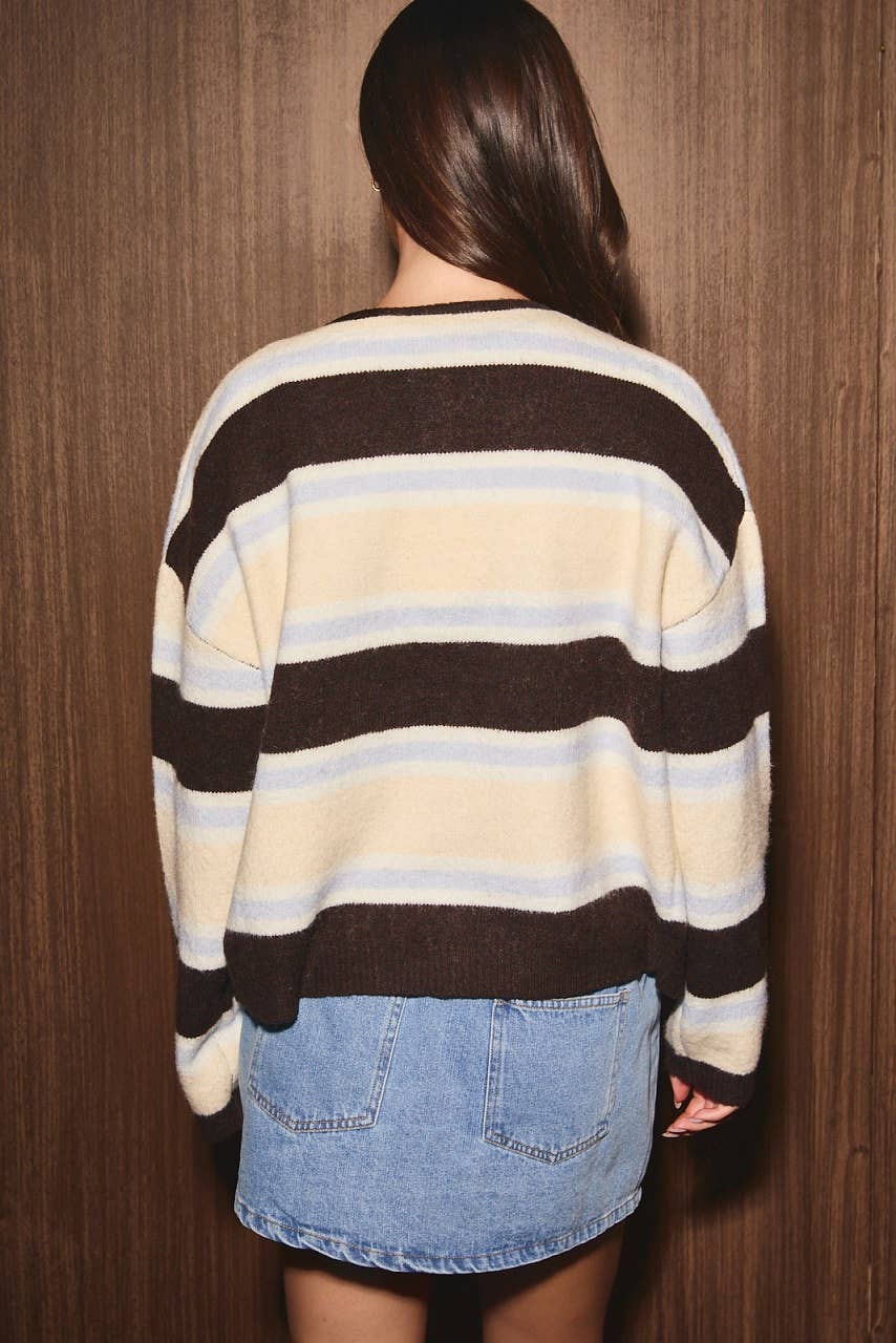 LONG SLEEVE ROUND NECK STRIPED SOFT CARDIGAN
