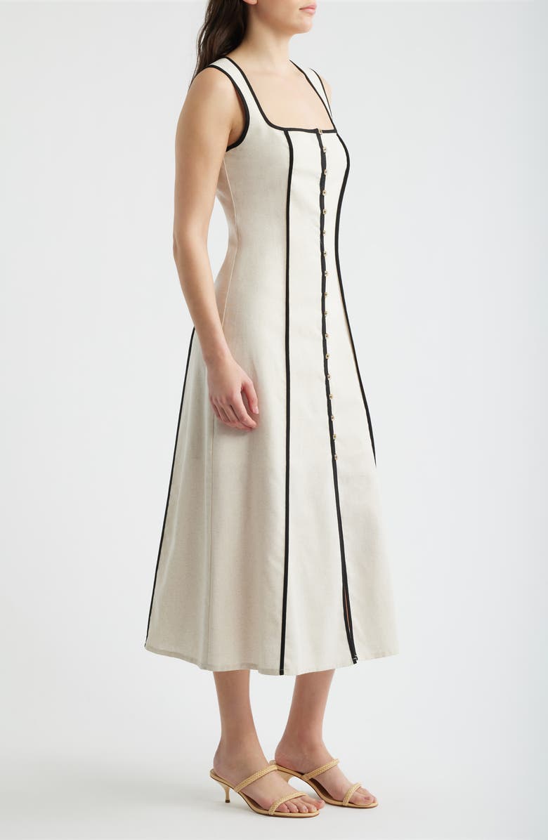 Contrast Piping Square Neck Button-Up Midi Dress