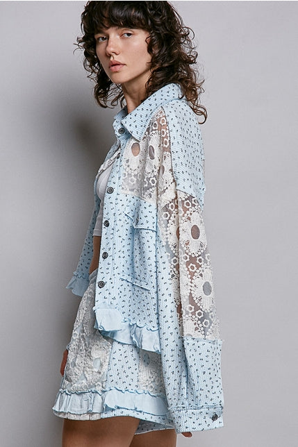 Blue Floral Lace Patchwork Jacket Top