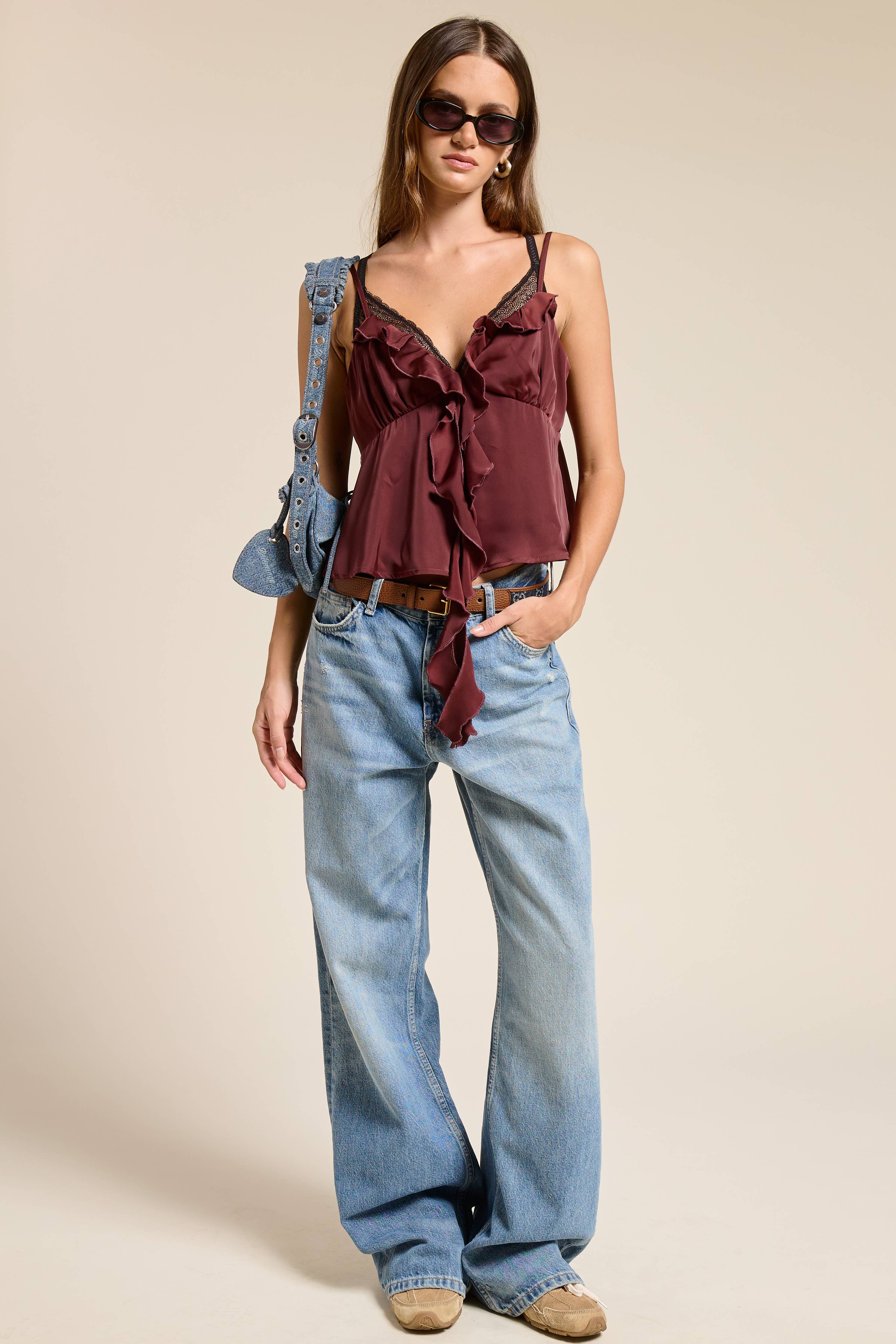Silky Ruffle V Neck Cropped Camisole