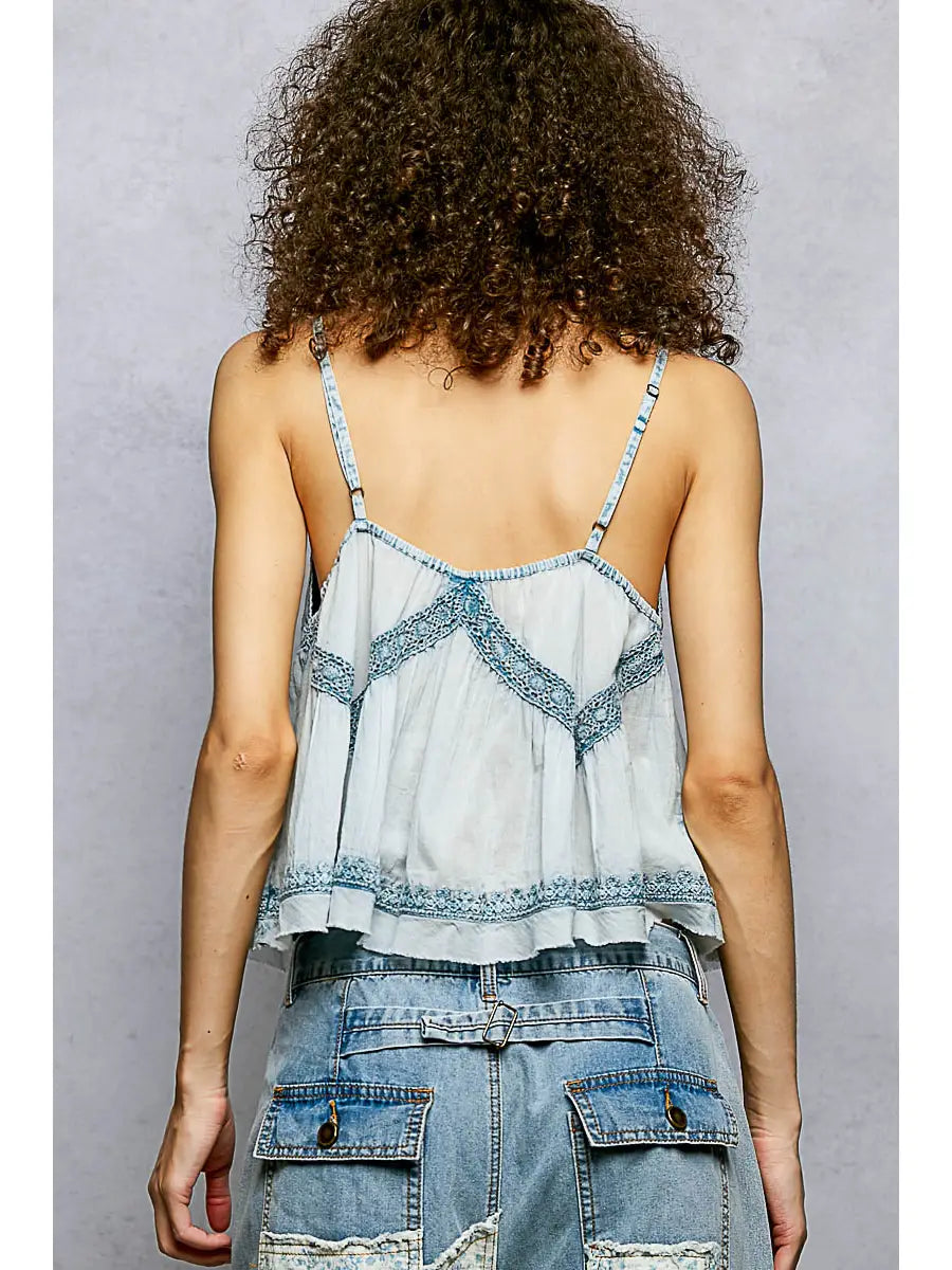 V-Neck Denim Blue Embroidered Crop Top
