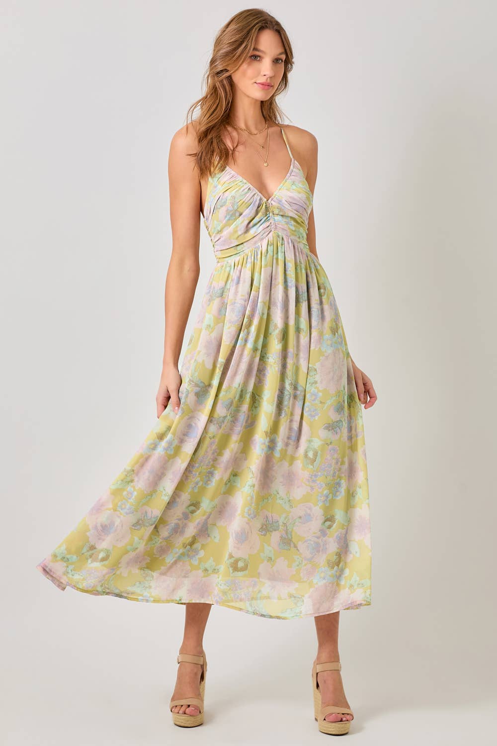 Floral Cross Back Pleating Dress