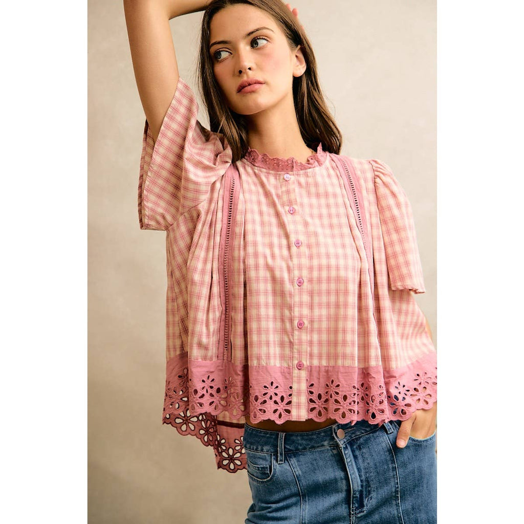 COTTON CHECK LACE TRIM FLUTTER SLEEVES BLOUSE TOP